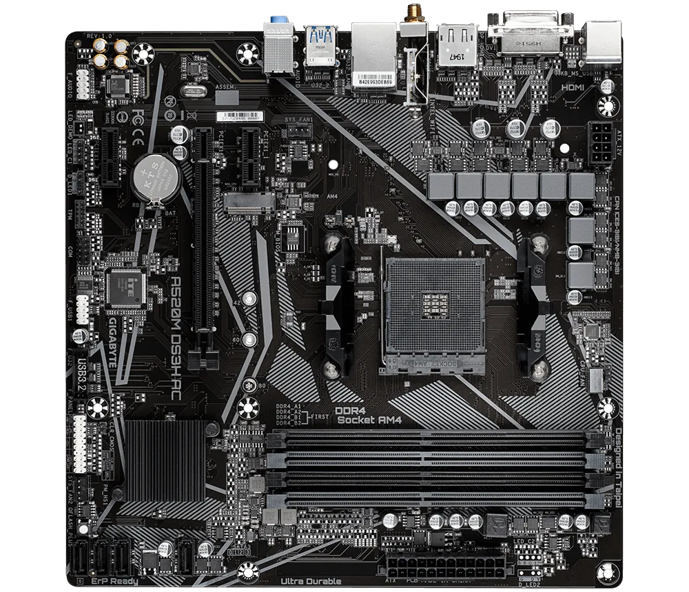 Placa base AMD A520 con solución Pure Digital VRM, audio de alta calidad, LAN para juegos GIGABYTE con administración de ancho de banda